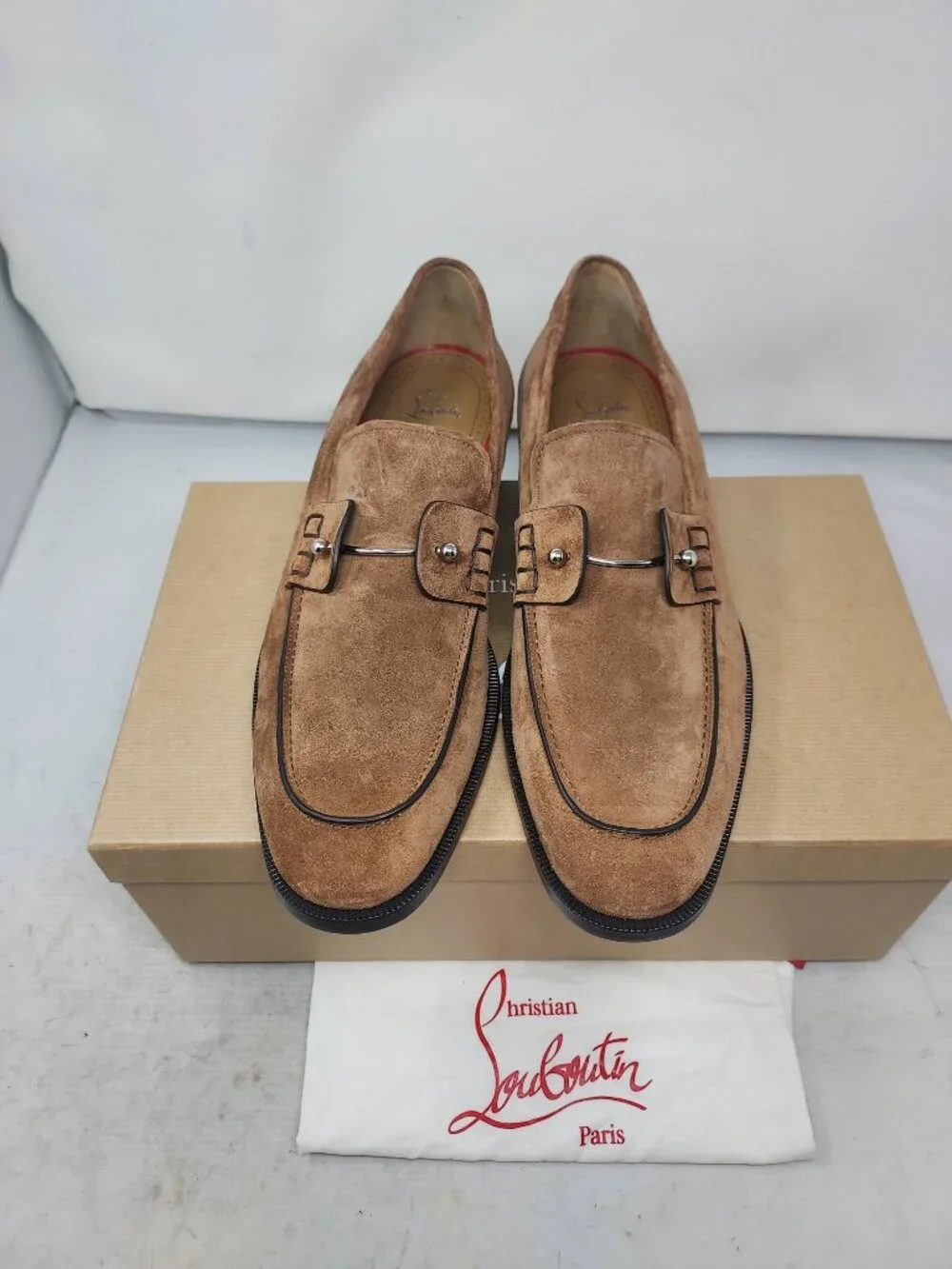 CHRISTIAN LOUBOUTIN MENS Chambelimoc Hardware Brown Suede Loafer